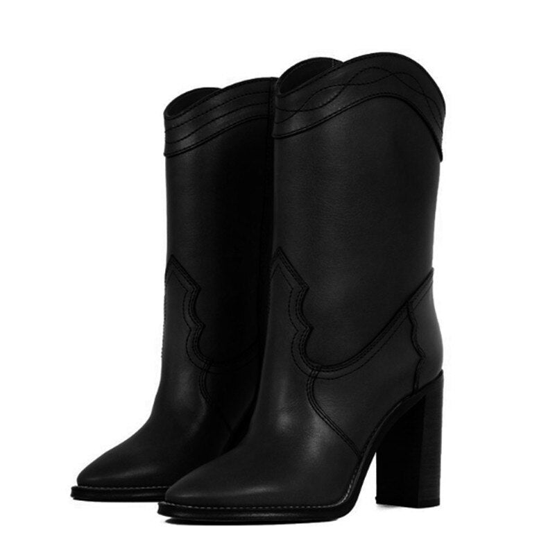 Women Leather Brown Knee High Boots Runway Chunky Heels Shoes - LiveTrendsX