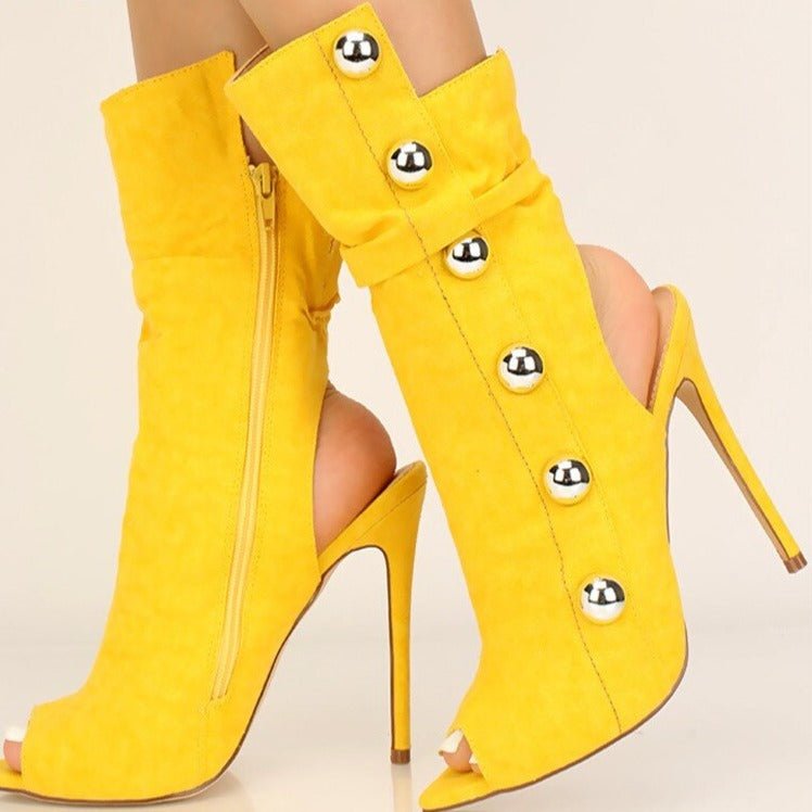 Women Metal Decor Open Toe Stiletto Heel Cut - out Booties - LiveTrendsX