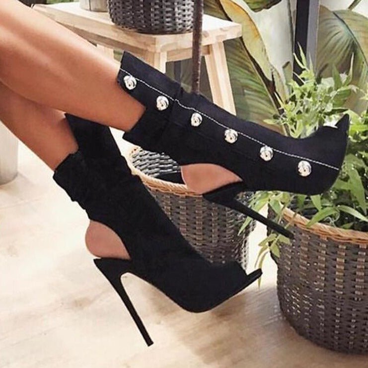 Women Metal Decor Open Toe Stiletto Heel Cut - out Booties - LiveTrendsX