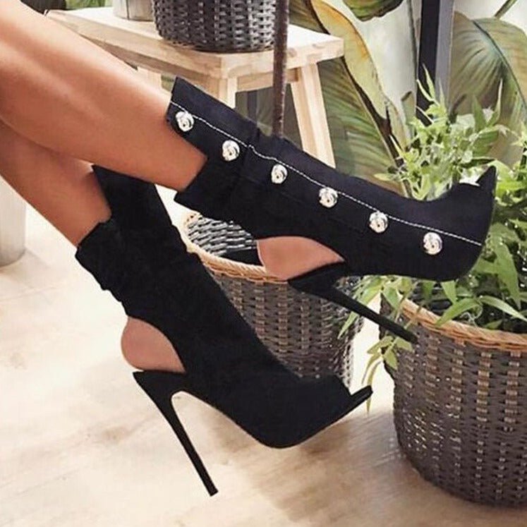 Women Metal Decor Open Toe Stiletto Heel Cut - out Booties - LiveTrendsX