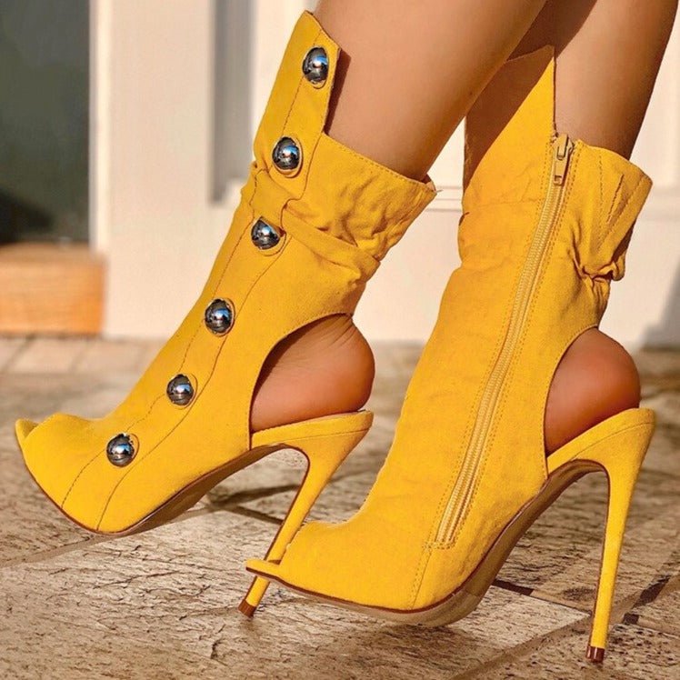 Women Metal Decor Open Toe Stiletto Heel Cut - out Booties - LiveTrendsX