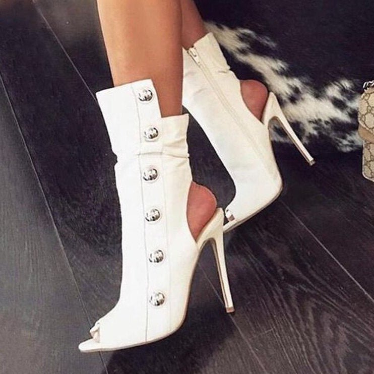 Women Metal Decor Open Toe Stiletto Heel Cut - out Booties - LiveTrendsX