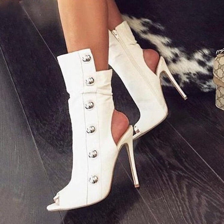 Women Metal Decor Open Toe Stiletto Heel Cut - out Booties - LiveTrendsX