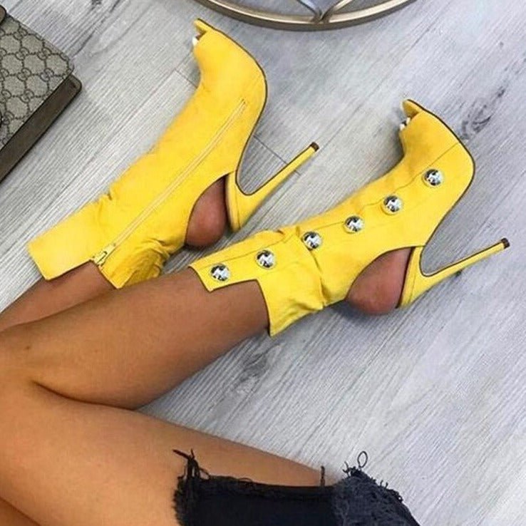 Women Metal Decor Open Toe Stiletto Heel Cut - out Booties - LiveTrendsX