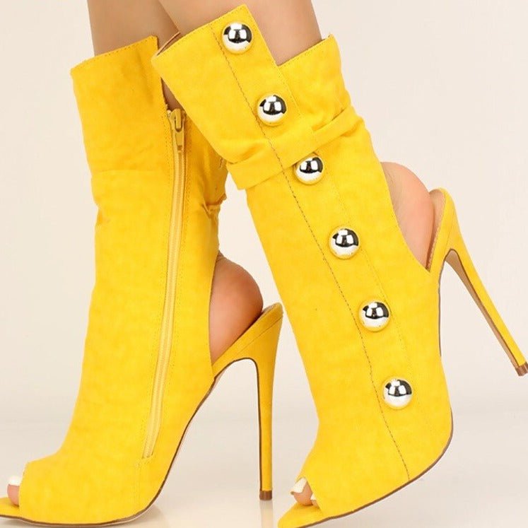 Women Metal Decor Open Toe Stiletto Heel Cut - out Booties - LiveTrendsX