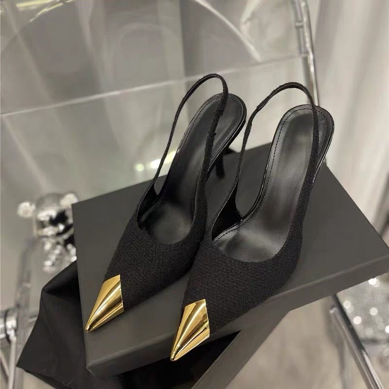 Women Metal Point Toe Stiletto Stripper Slingback Prom Evening Pumps - LiveTrendsX