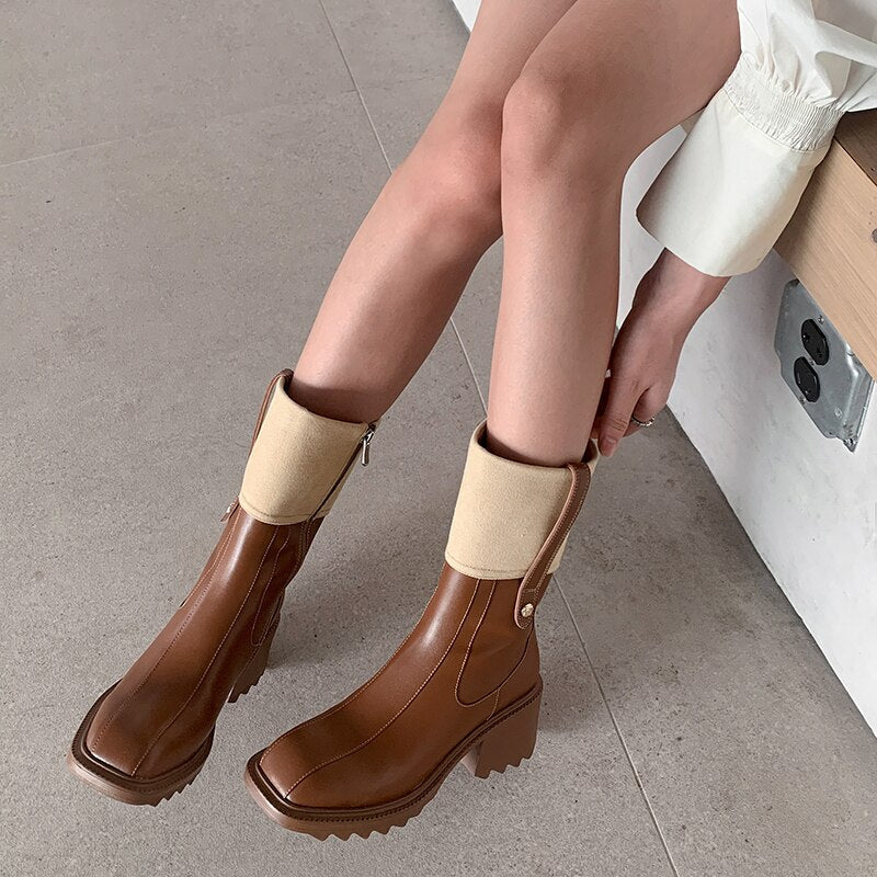 Women mid - calf boots natural leather cowhide patent retro boots - LiveTrendsX