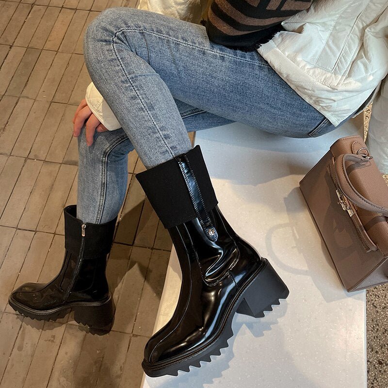 Women mid - calf boots natural leather cowhide patent retro boots - LiveTrendsX