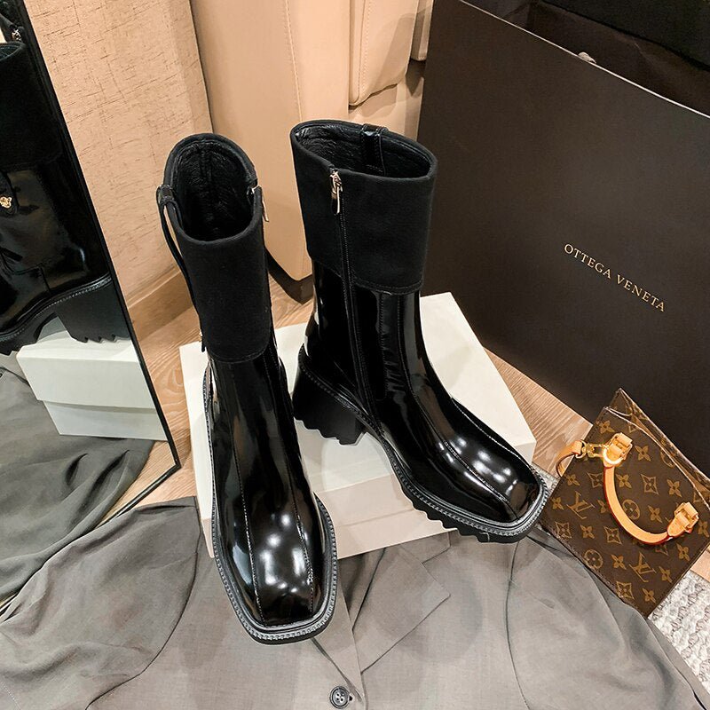 Women mid - calf boots natural leather cowhide patent retro boots - LiveTrendsX