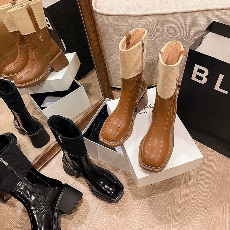 Women mid - calf boots natural leather cowhide patent retro boots - LiveTrendsX