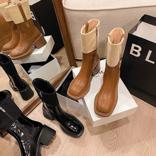 Women mid - calf boots natural leather cowhide patent retro boots - LiveTrendsX