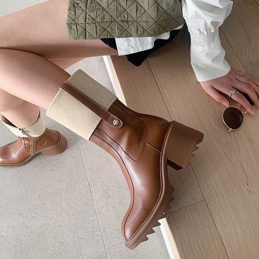 Women mid - calf boots natural leather cowhide patent retro boots - LiveTrendsX