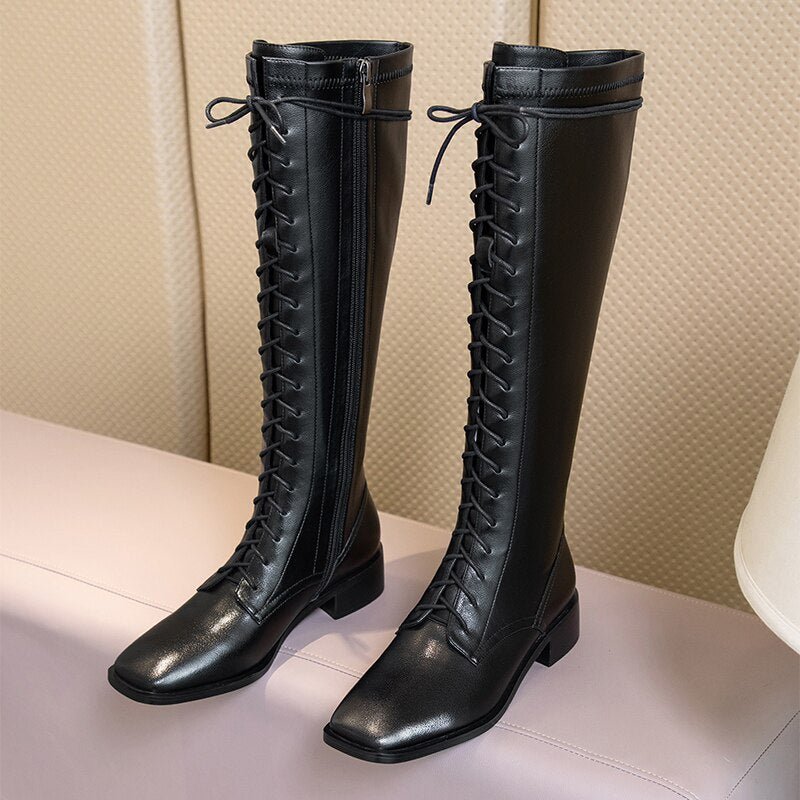 Women Natural leather cowhide upper cross straps elastic skinny boots - LiveTrendsX