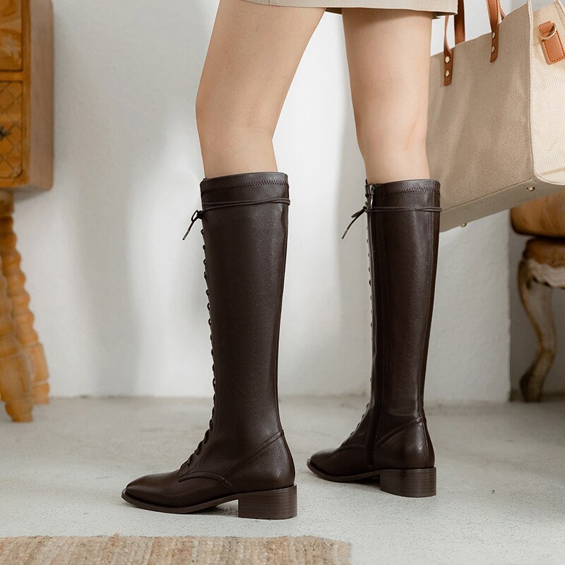 Women Natural leather cowhide upper cross straps elastic skinny boots - LiveTrendsX