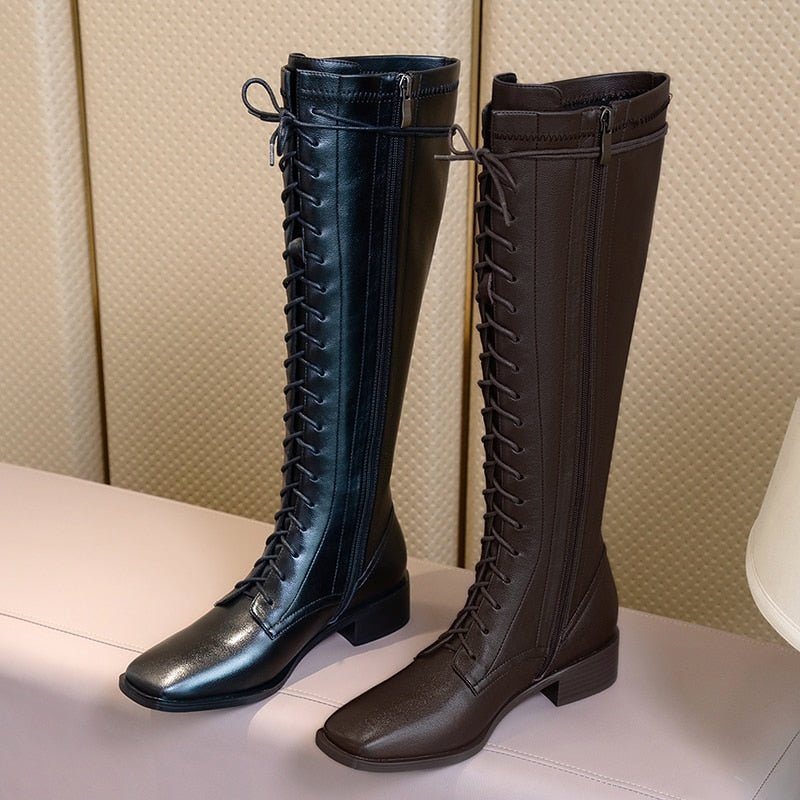 Women Natural leather cowhide upper cross straps elastic skinny boots - LiveTrendsX