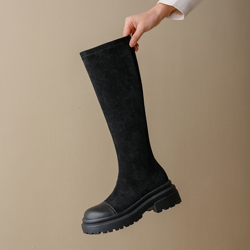 Women natural leather Leather Elastic flock upper Knight boots - LiveTrendsX