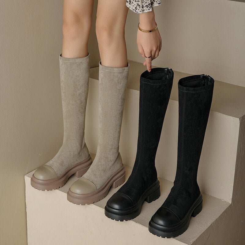 Women natural leather Leather Elastic flock upper Knight boots - LiveTrendsX