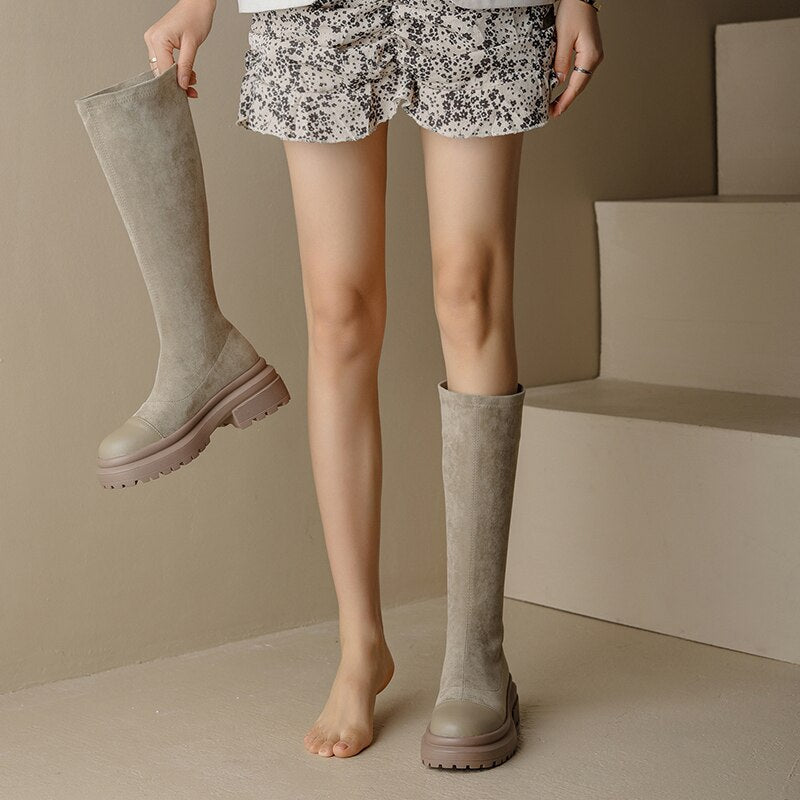 Women natural leather Leather Elastic flock upper Knight boots - LiveTrendsX