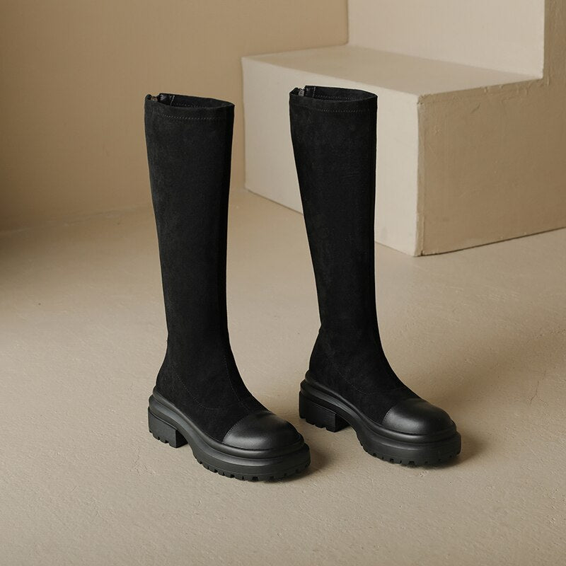 Women natural leather Leather Elastic flock upper Knight boots - LiveTrendsX