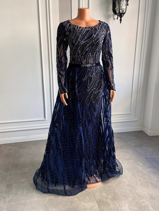 Women Navy Blue Muslim Lace Formal Evening Gowns With Train - LiveTrendsX