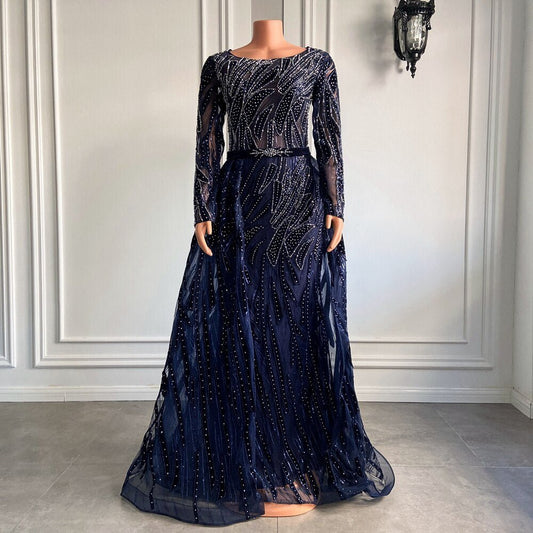 Women Navy Blue Muslim Lace Formal Evening Gowns With Train - LiveTrendsX
