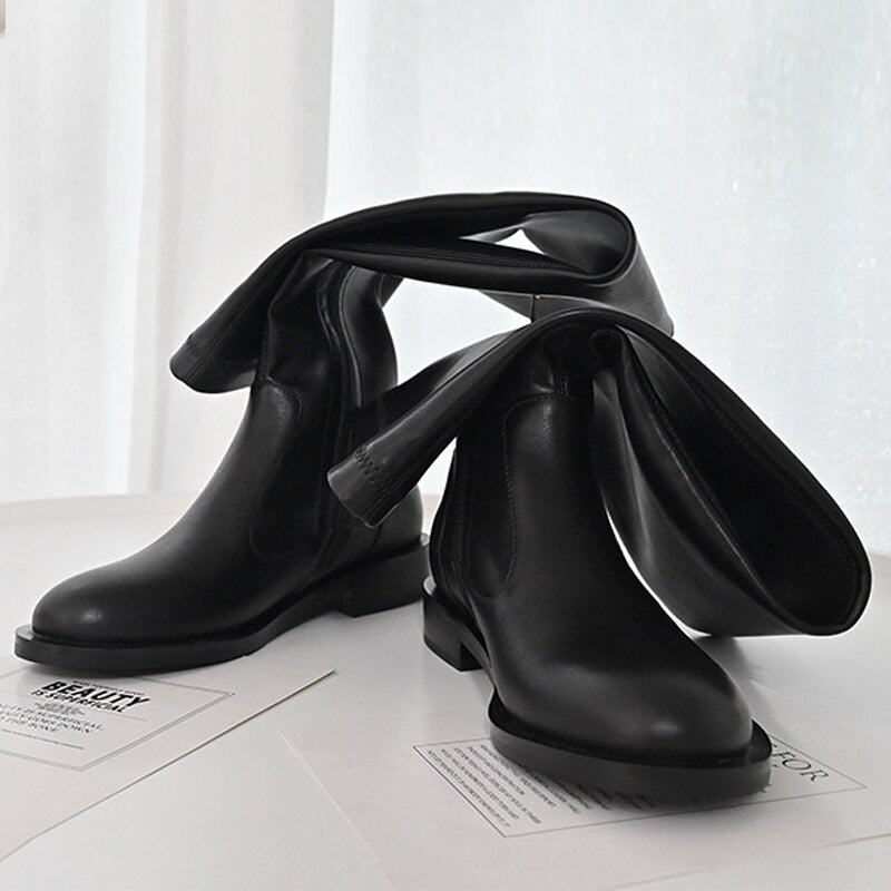 Women Over - the - knee boots natural leather cowhide upper elastic boots - LiveTrendsX