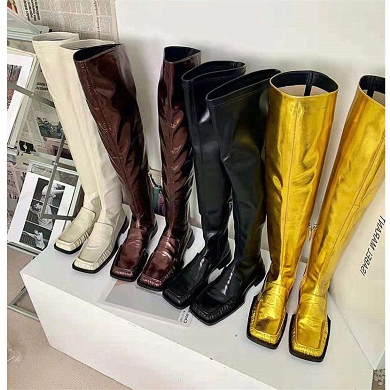 Women Over The Knee Boots Zipper Party Nightclub Flat Pleated Decorate Shoes - LiveTrendsX