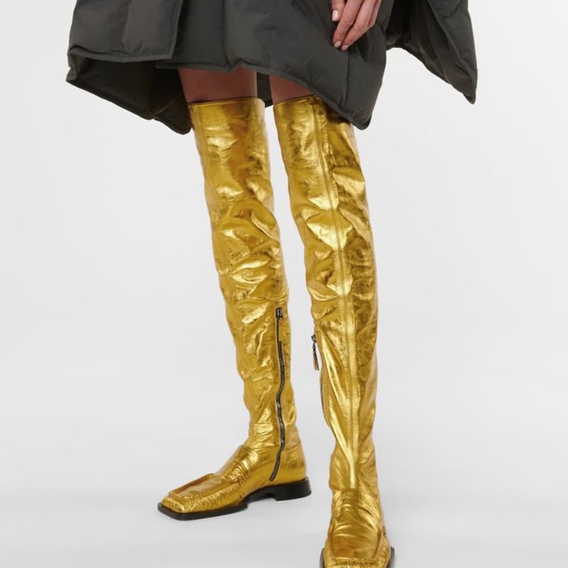 Women Over The Knee Boots Zipper Party Nightclub Flat Pleated Decorate Shoes - LiveTrendsX