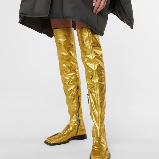 Women Over The Knee Boots Zipper Party Nightclub Flat Pleated Decorate Shoes - LiveTrendsX