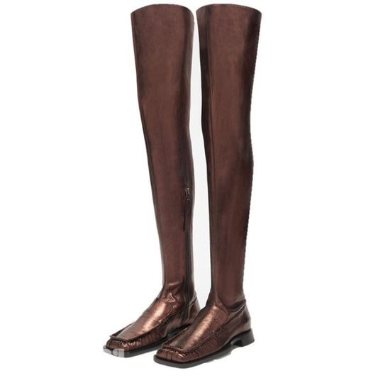 Women Over The Knee Boots Zipper Party Nightclub Flat Pleated Decorate Shoes - LiveTrendsX