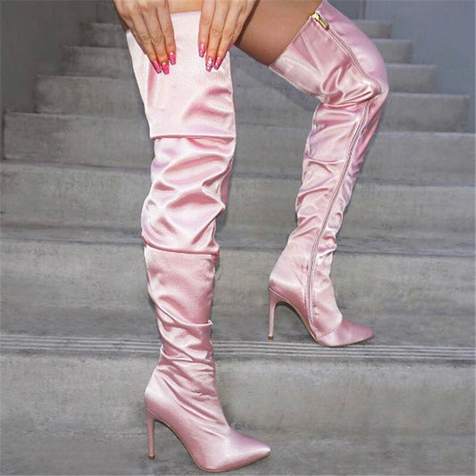 Women Pink Slouchy Thigh High Heels Boots Plus Size - LiveTrendsX