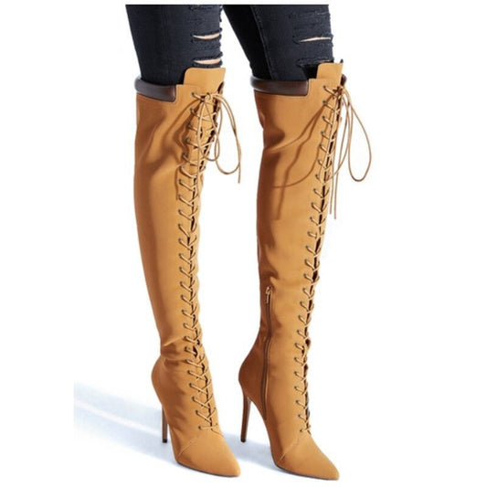 Women Pointed Toe Cross - Tied Fashion Knight Boots High Heels - LiveTrendsX