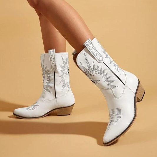 Women Pointed Toe Embroidered Boots Low Heel Block Heel Boots - LiveTrendsX