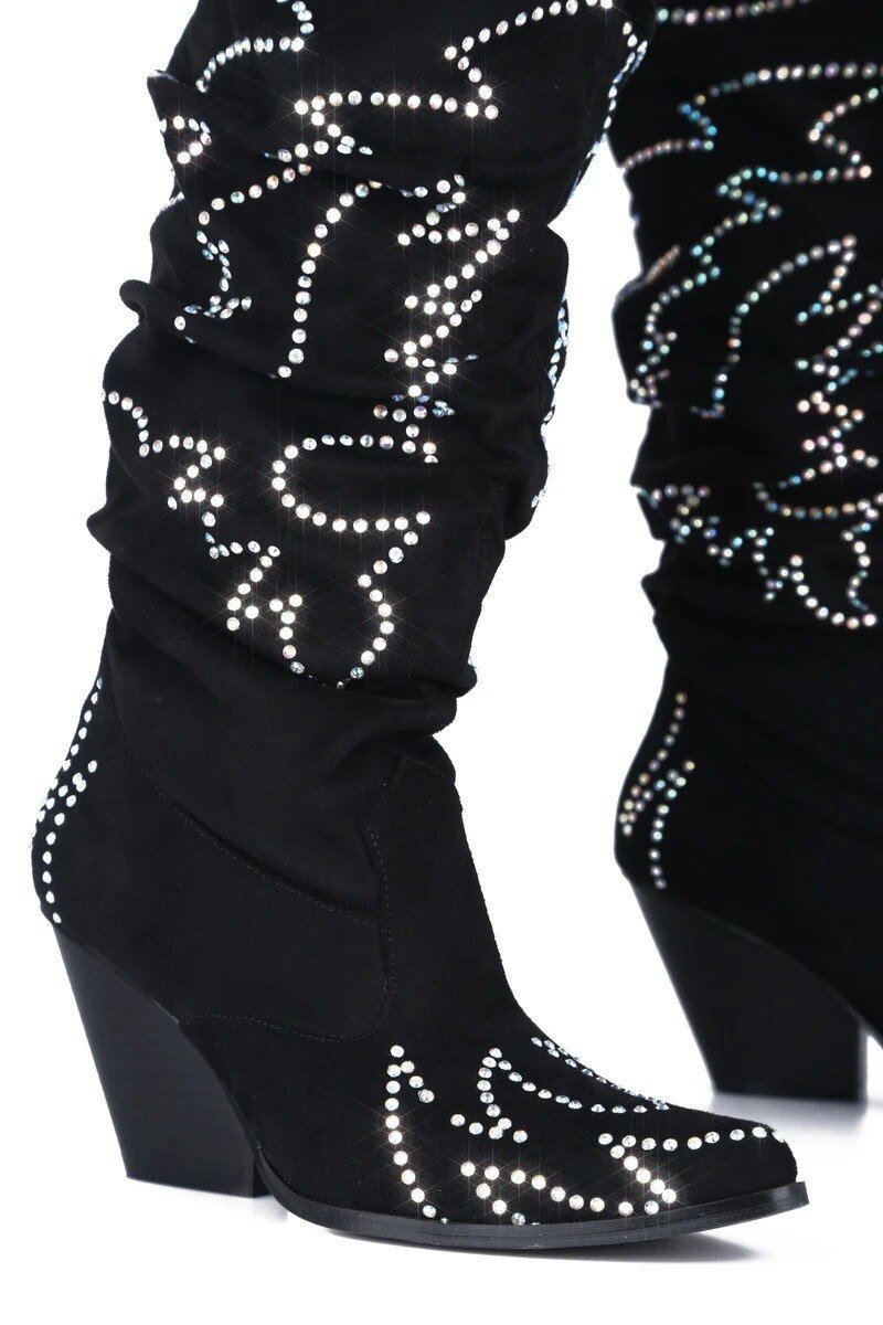 Women Pointed Toe Over The Knee Cowboy Boots Chunky Heels - LiveTrendsX