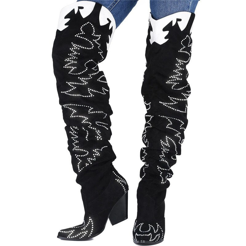 Women Pointed Toe Over The Knee Cowboy Boots Chunky Heels - LiveTrendsX