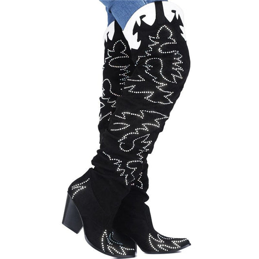 Women Pointed Toe Over The Knee Cowboy Boots Chunky Heels - LiveTrendsX