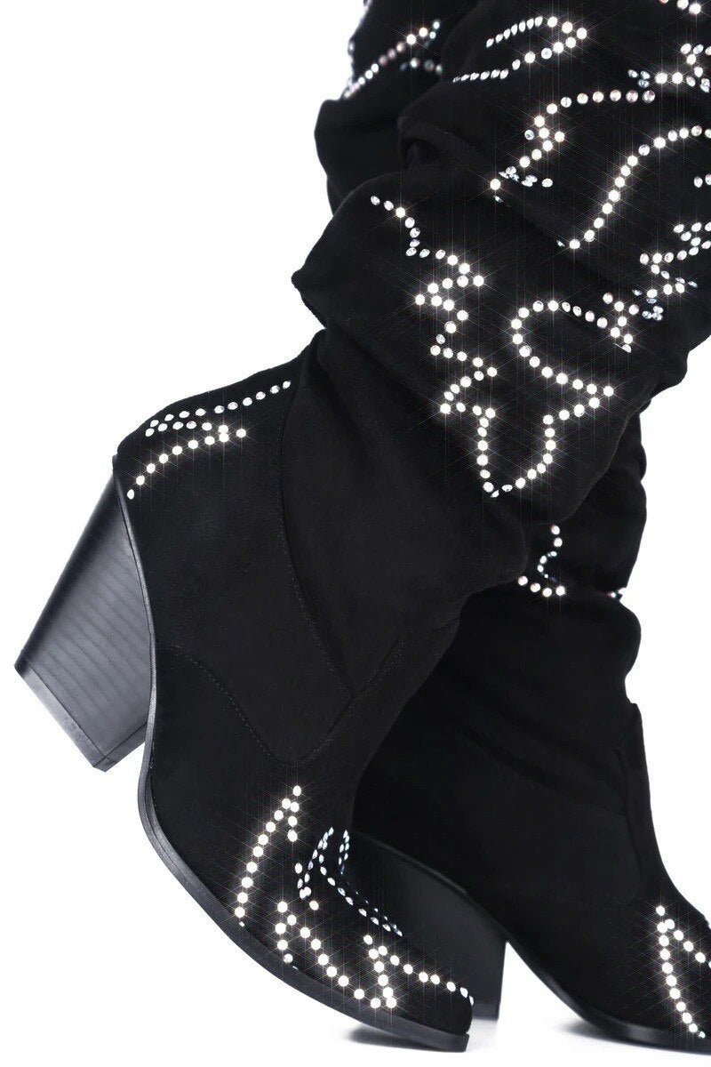 Women Pointed Toe Over The Knee Cowboy Boots Chunky Heels - LiveTrendsX