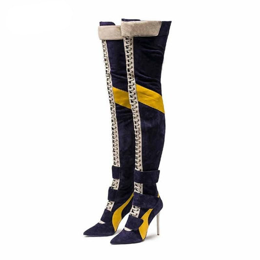 Women Pointy Toe High Heels Lace Up Over The Knee Knight Boot - LiveTrendsX