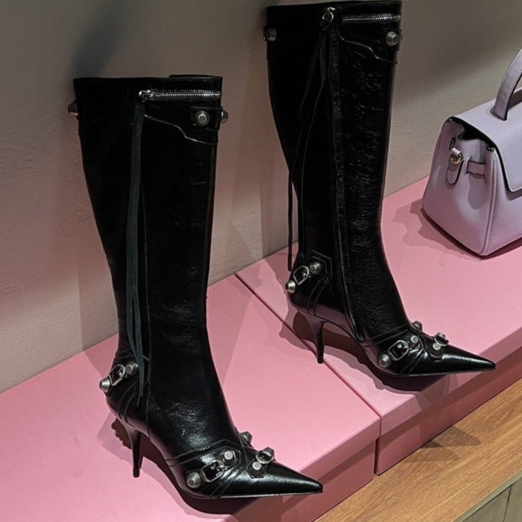 Women Punk Black Rivets Motorcycle Boots Zipper Stiletto Heels Shoes - LiveTrendsX