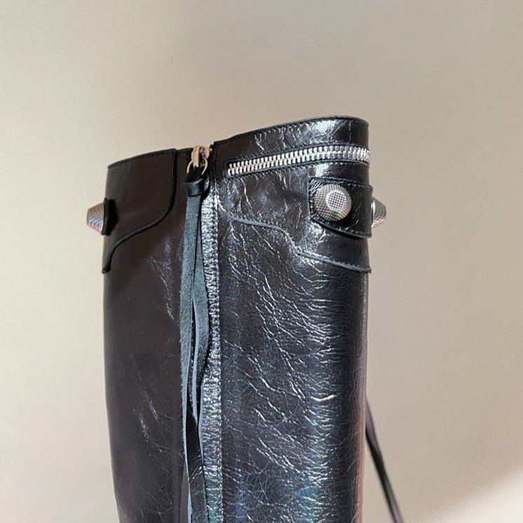 Women Punk Black Rivets Motorcycle Boots Zipper Stiletto Heels Shoes - LiveTrendsX