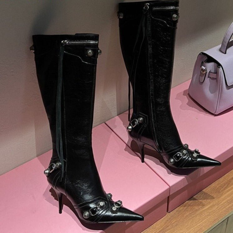 Women Punk Black Rivets Motorcycle Boots Zipper Stiletto Heels Shoes - LiveTrendsX