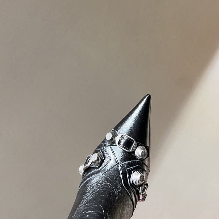 Women Punk Black Rivets Motorcycle Boots Zipper Stiletto Heels Shoes - LiveTrendsX