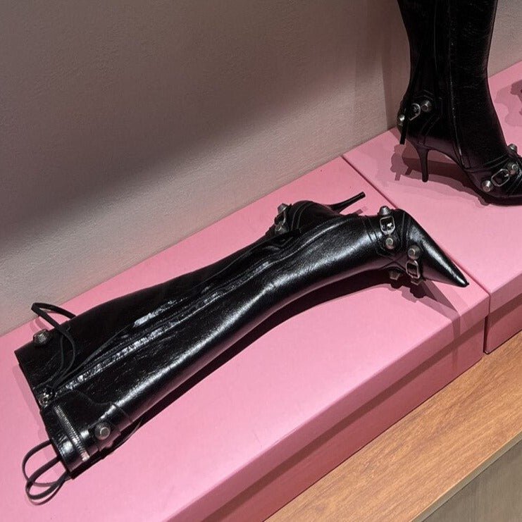 Women Punk Black Rivets Motorcycle Boots Zipper Stiletto Heels Shoes - LiveTrendsX