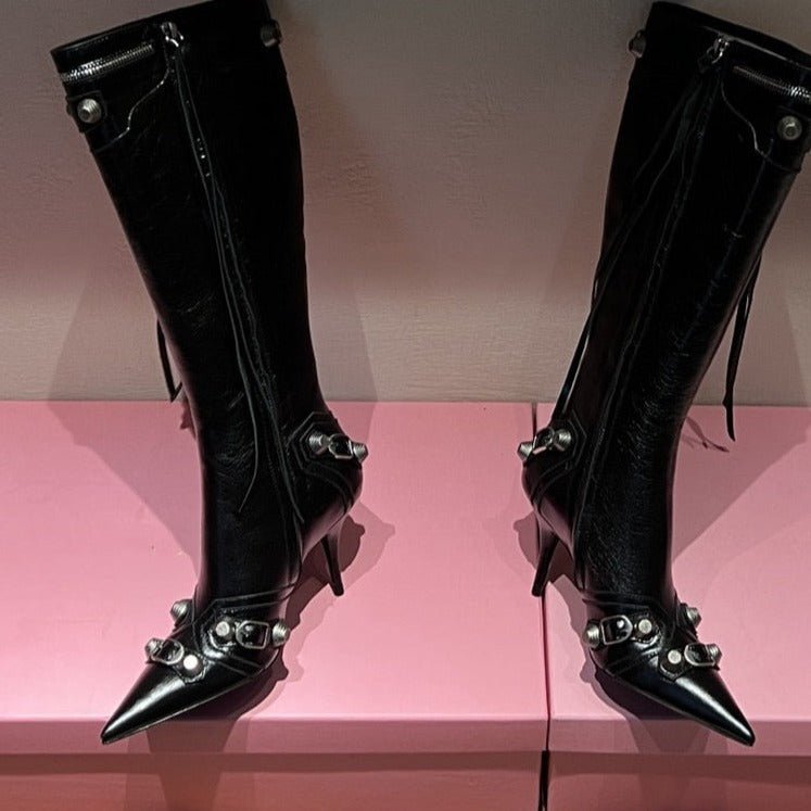 Women Punk Black Rivets Motorcycle Boots Zipper Stiletto Heels Shoes - LiveTrendsX