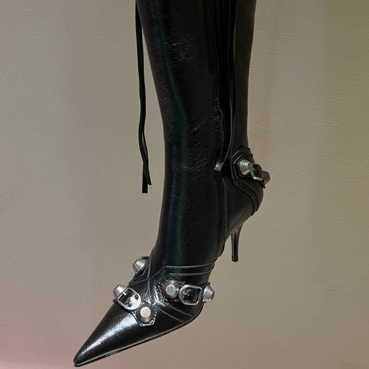 Women Punk Black Rivets Motorcycle Boots Zipper Stiletto Heels Shoes - LiveTrendsX