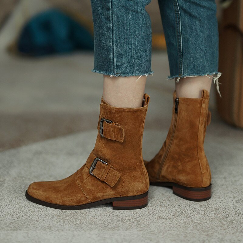 Women sheep suede modern boots side zipper double buckle short boots - LiveTrendsX