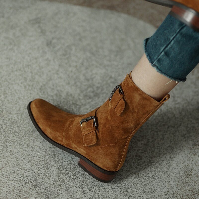 Women sheep suede modern boots side zipper double buckle short boots - LiveTrendsX