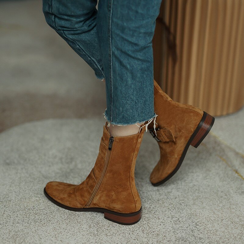 Women sheep suede modern boots side zipper double buckle short boots - LiveTrendsX