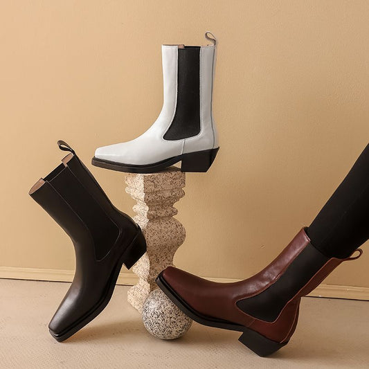 Women Square Toe Chunky Heel Chelsea Real Leather Med Heel Ankle Boots - LiveTrendsX