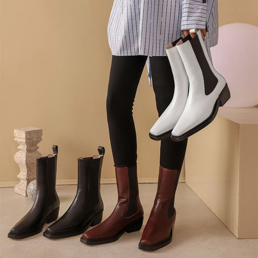 Women Square Toe Chunky Heel Chelsea Real Leather Med Heel Ankle Boots - LiveTrendsX